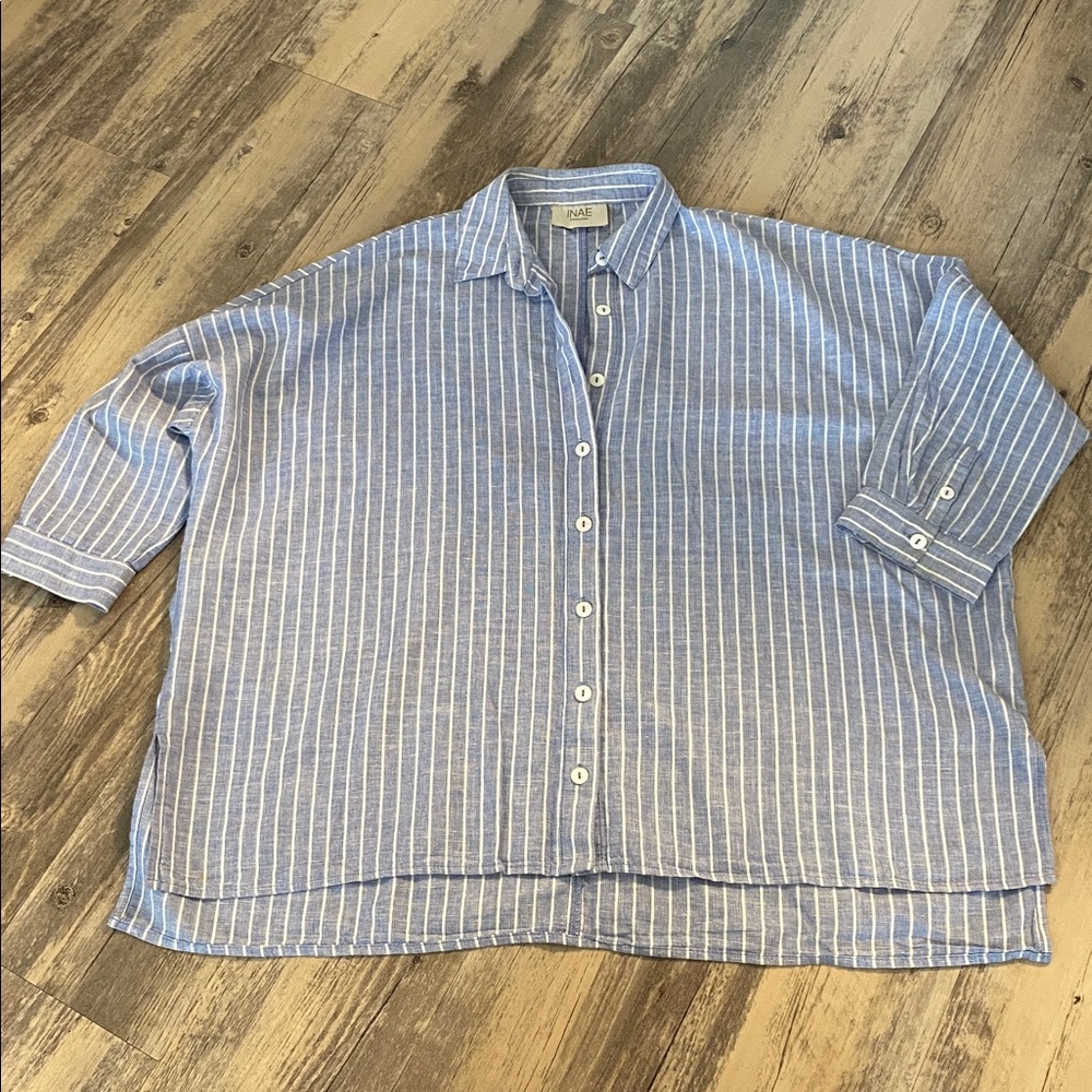 INAE Collection Linen Lagenlook Boxy Oversized Blue White Stripe Size XS